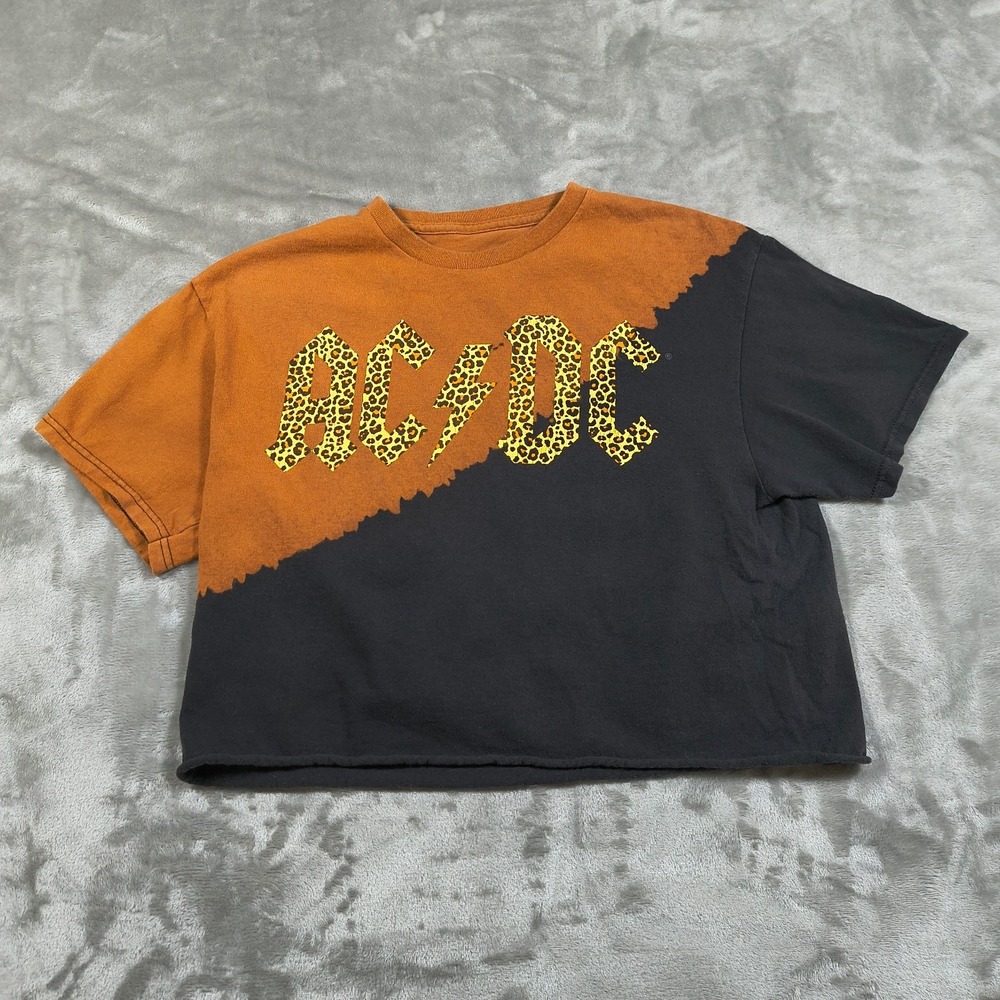 ACDC Shirt Women Medium Crop Top Leopard Print Rock Metal Short Sleeve Crew Neck